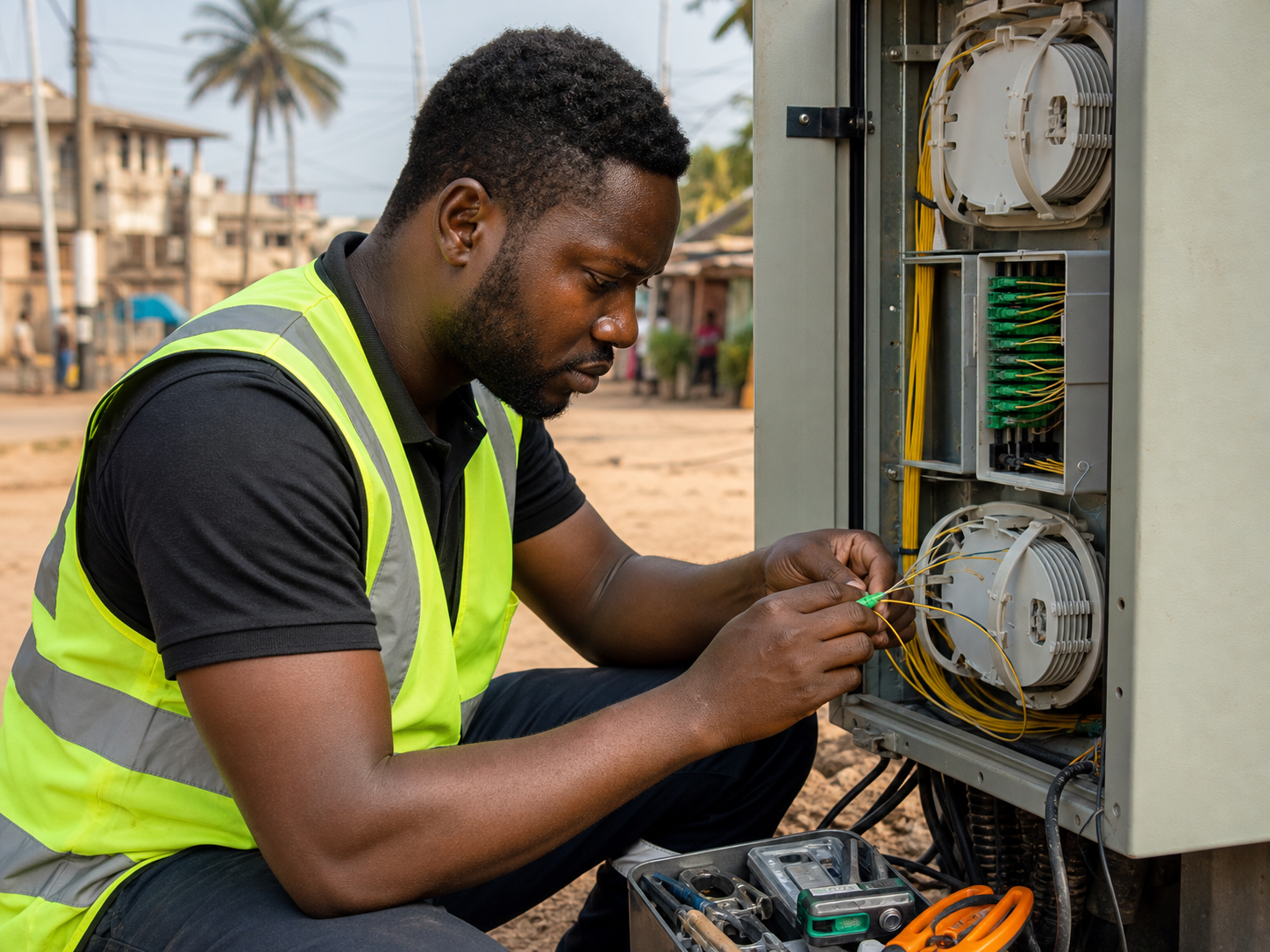 Ghanaian telecom engineer inspecting fibre distribution infrastructure