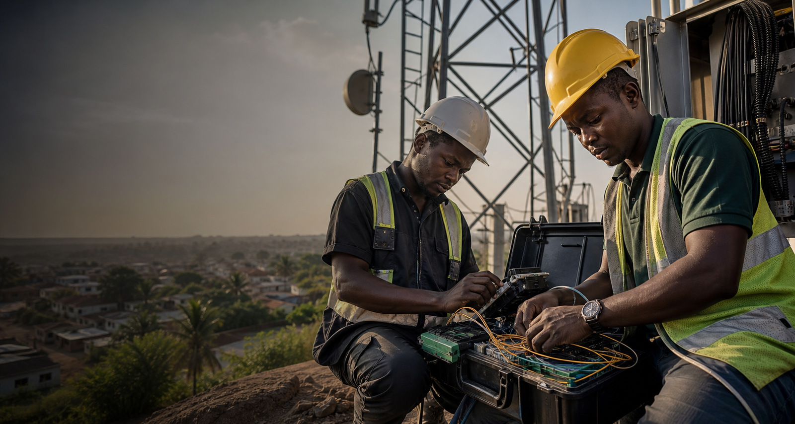 Telecom field engineers testing fibre infrastructure at a Ghanaian network site
